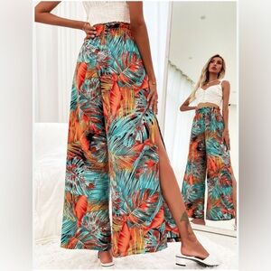 SHEIN Vibrant Leaf Print Wide-Leg Pants